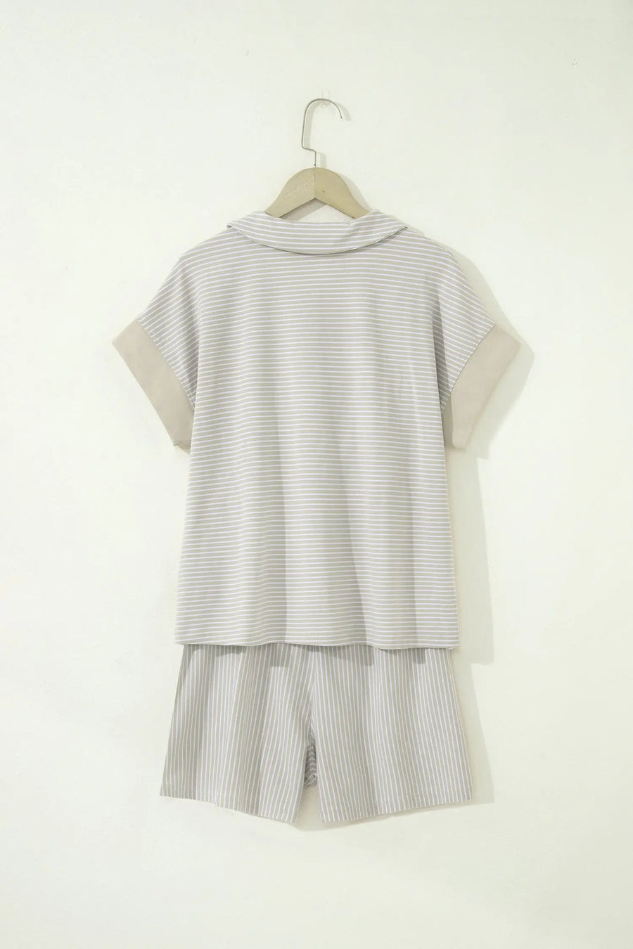 Striped Dolman Sleeve Polo Shirt and Drawstring Shorts Two Piece Set