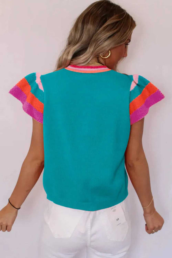 KnitT-Shirt - Turquoise Contrast Flutter Sleeves Sweater - Fashionfitz