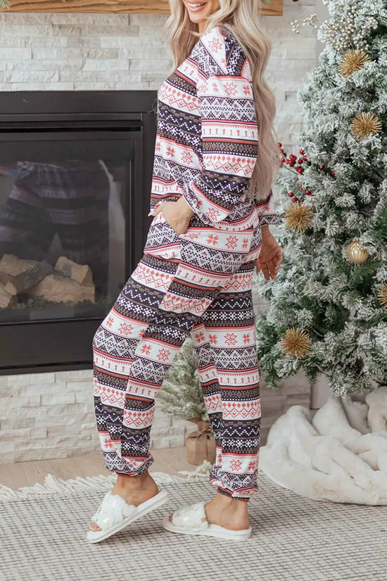 Black christmas retro print lounge set v-neck top high waist pants loungewear