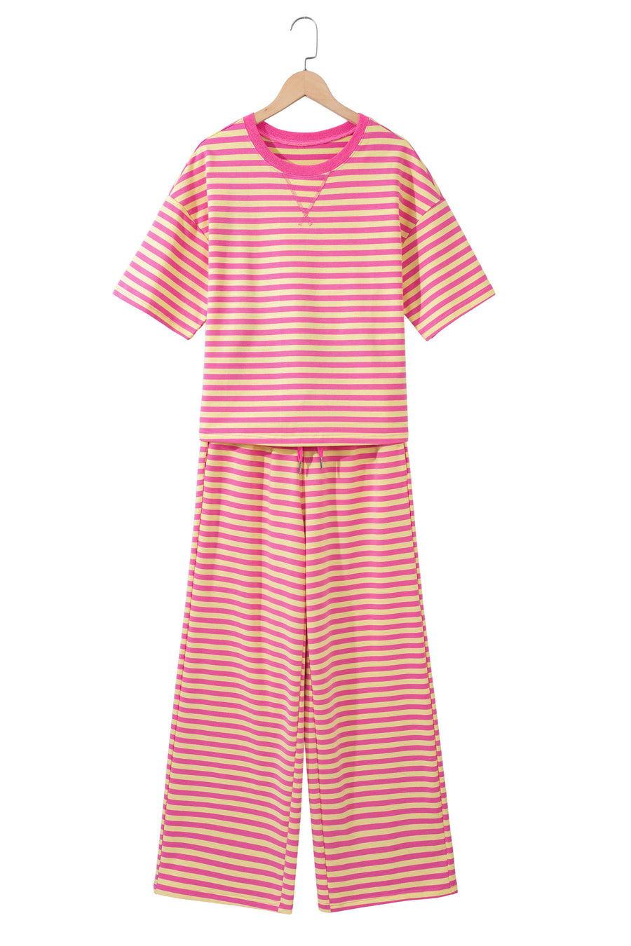 Pink Stripe Colourblock Crew Neck Tee & Drawstring Pant Set