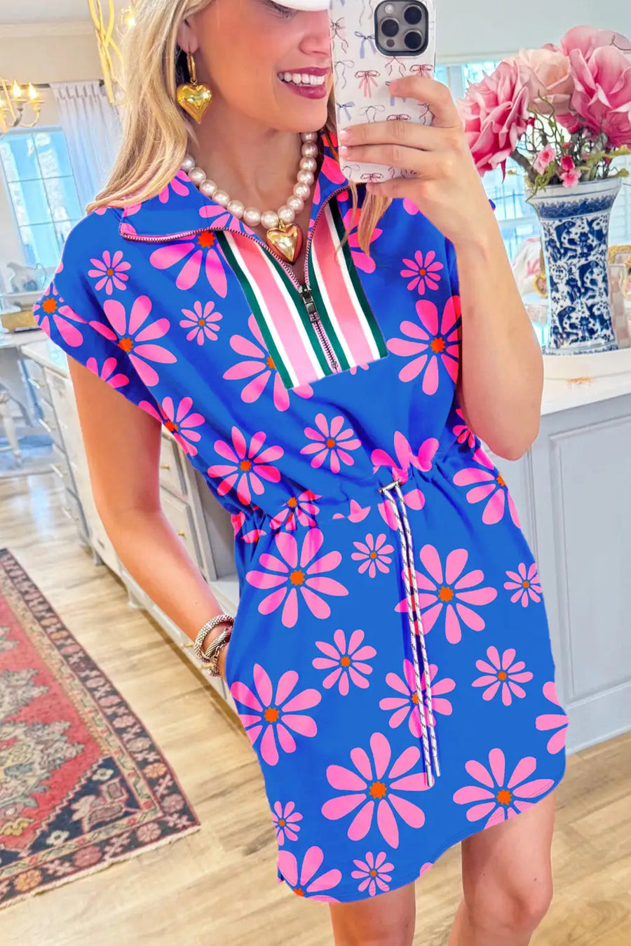Purple Floral Quarter Zip Drawstring Waist Mini Dress Women UK