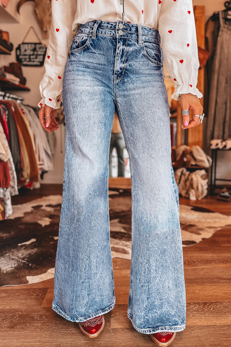 Acid Wash Pocket Detail High Waist Flare Jeans Women UK