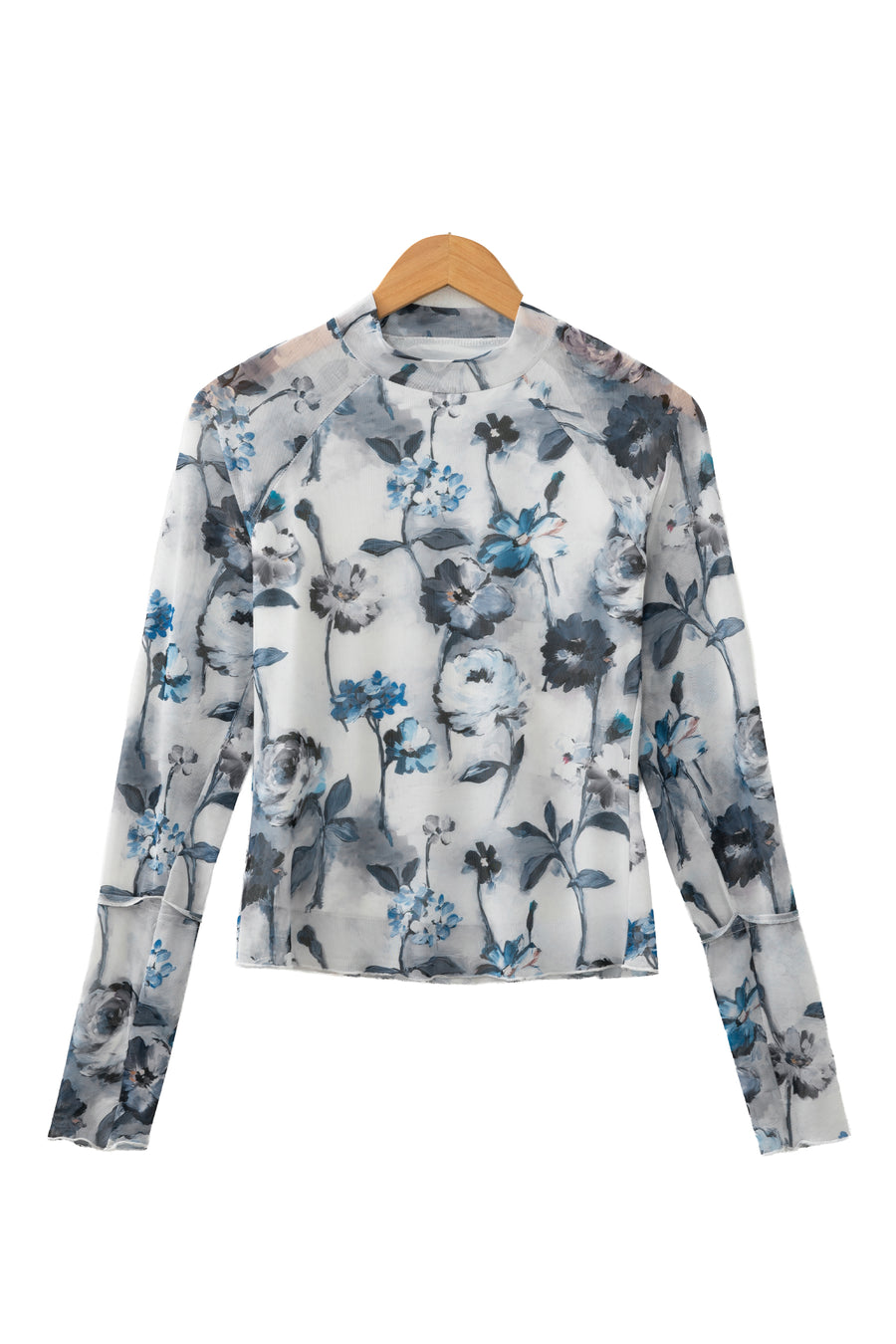Sky Blue Floral Mesh High Neck Long Sleeve Sheath Top
