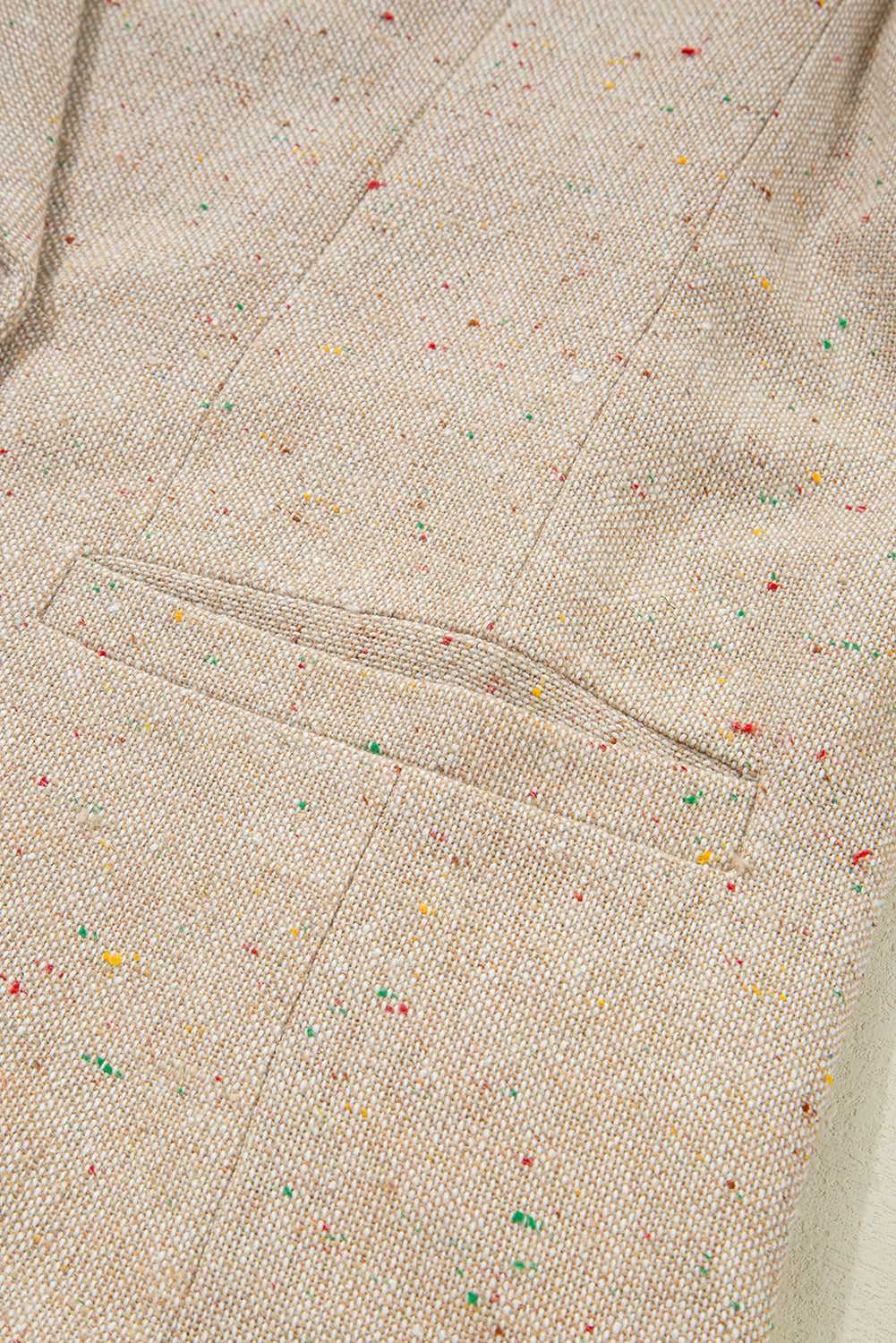Detail of Ladies Light Beige Fitted Blazer - Casual Smart Office | FashionFitz showing front pocket stitching and speckled fabric texture.