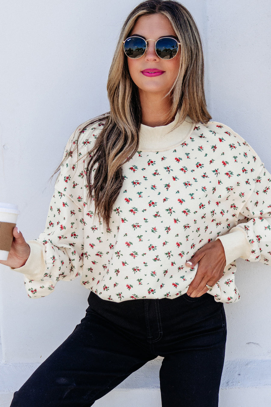 Beige Ribbed Floral Patchwork High Neck Baggy Sweatshirt
