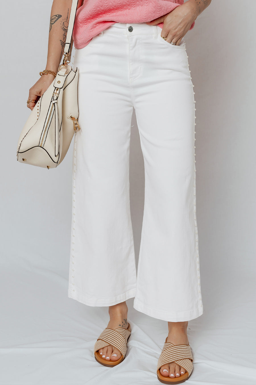 Pearl Embellished Wide Leg Ankle Length Jeans Women UK