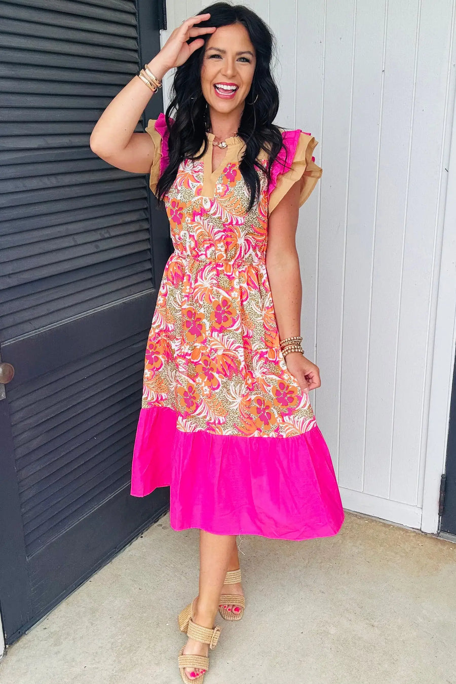Rose Floral Color Block Ruffled Short Sleeve Midi Dress Women UK — side detail