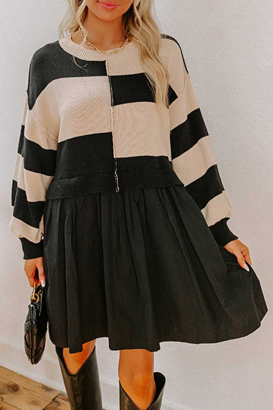 Monochrome Knit Dress - Cozy & Stylish | FashionFitz featuring bold black and beige stripes with a flared black skirt, perfect for fall casual wear.