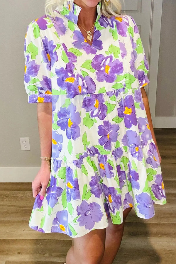 Purple Floral V Neck Short Sleeve Tiered Ruffle Mini Dress Women UK