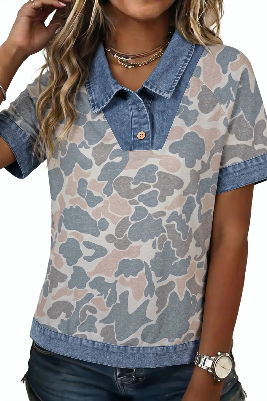 Multicolour camouflage denim patchwork polo collar tee back women UK