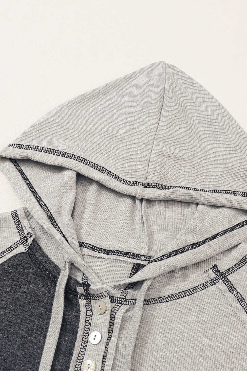 Color-Block Seamed Ribbed Henley Hoodie