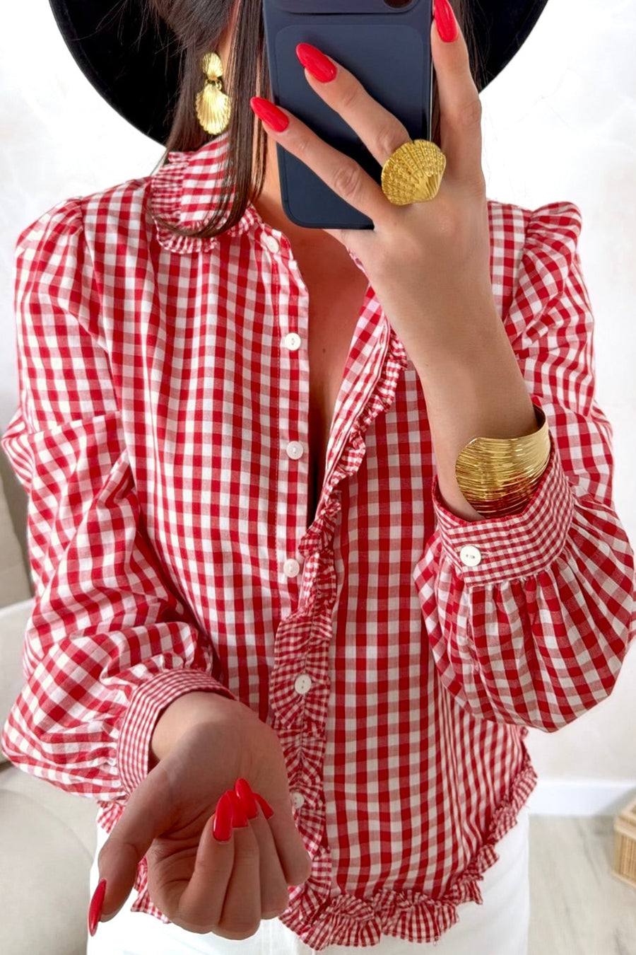Red plaid button shirt side view — Fashionfitz UK