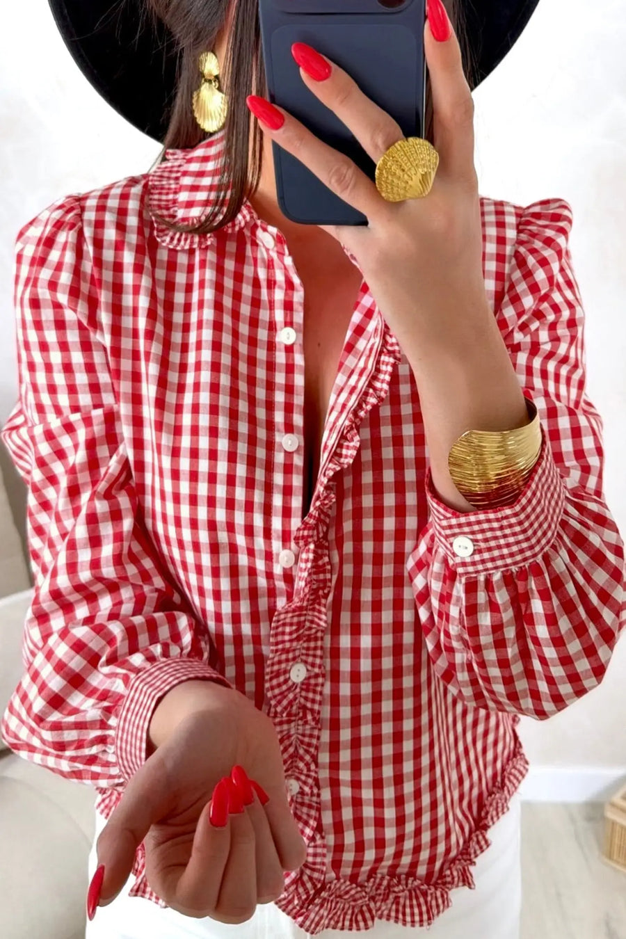 Red plaid button shirt side view — Fashionfitz UK