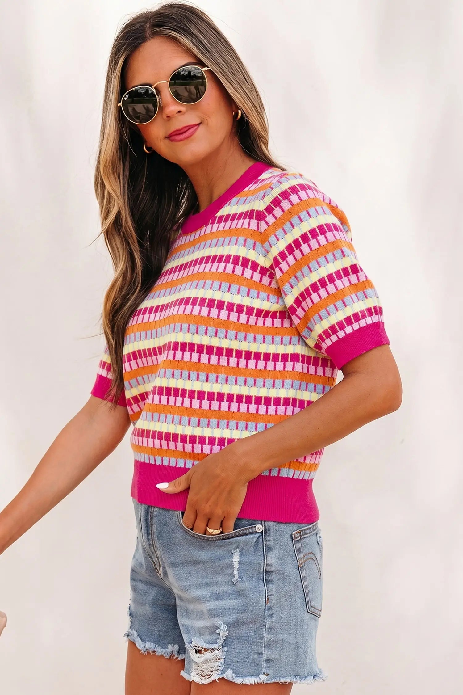 Abstract striped knit short sleeve sweater sweaters