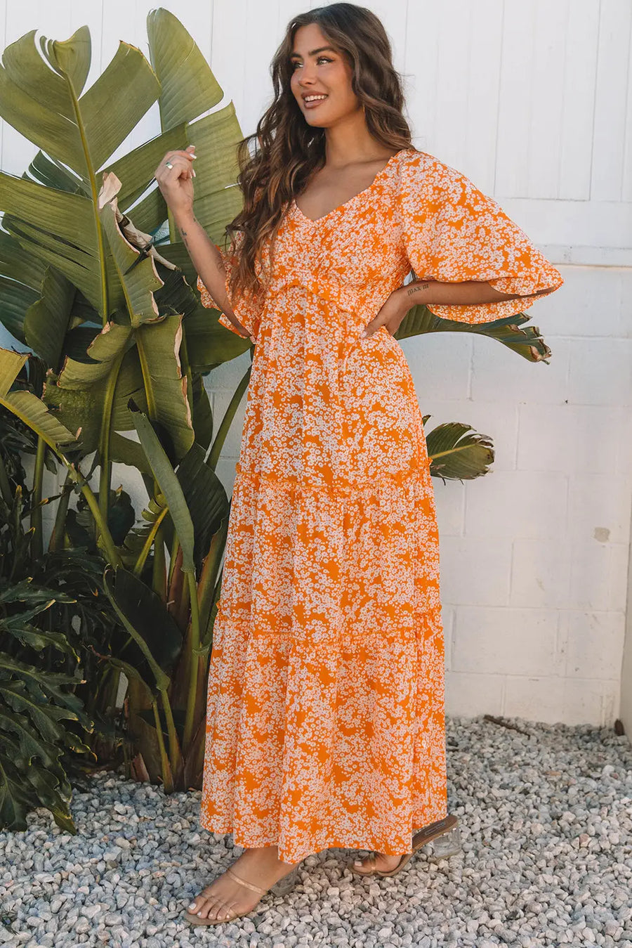 Orange Floral Smocked V Neck Wide Sleeve Maxi Dress Women UK