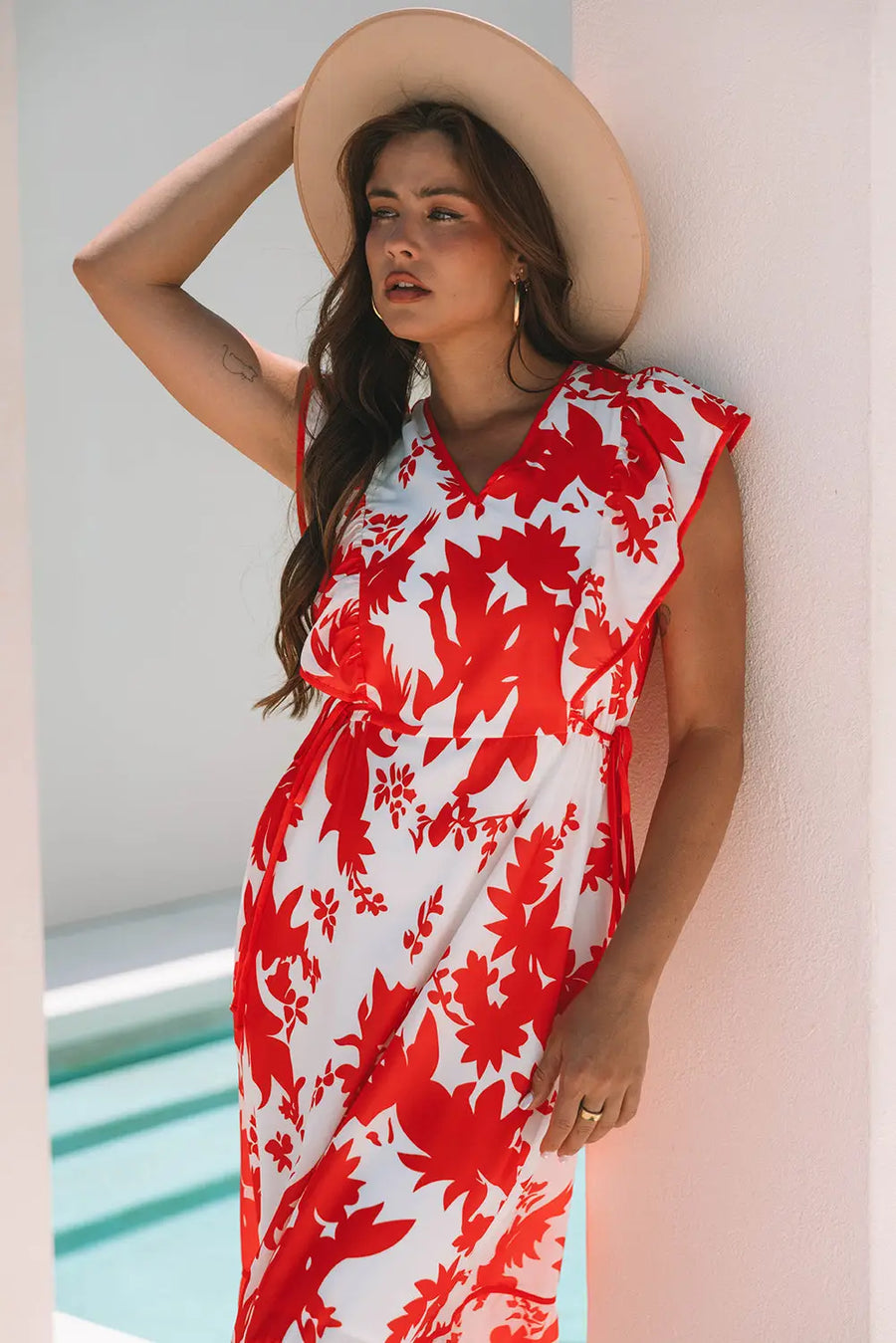Red Floral Trimmed V Neck Ruffle Sleeve Maxi Dress Women UK