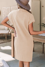 Cozy Oatmeal Sweater Dress – Soft Ribbed Knit with Pockets & Short Sleeves