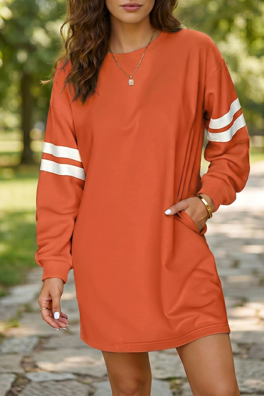Varsity Contrast Banded Sleeve Sweatshirt Dress Mini Shift with Pockets — front view third colourway | Fashionfitz UK