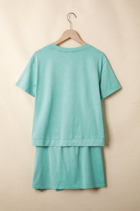 Mineral wash V-neck tee skort two-piece co-ord high waist split mini set front view — Fashionfitz UK
