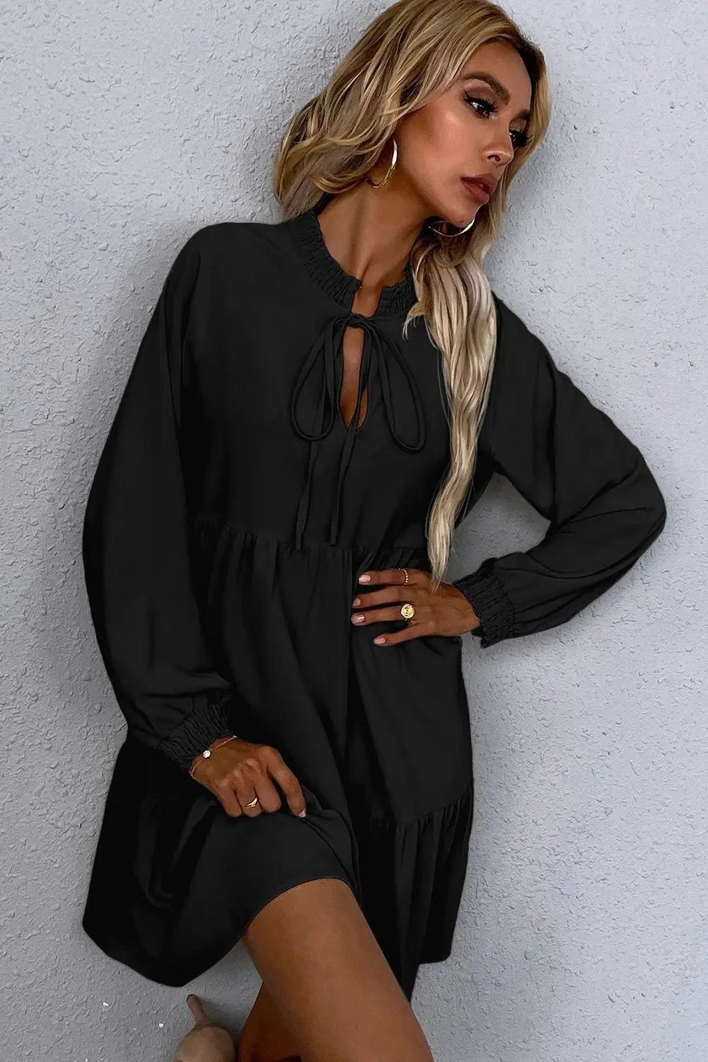 Black tie split neck smocked long puff sleeve dress