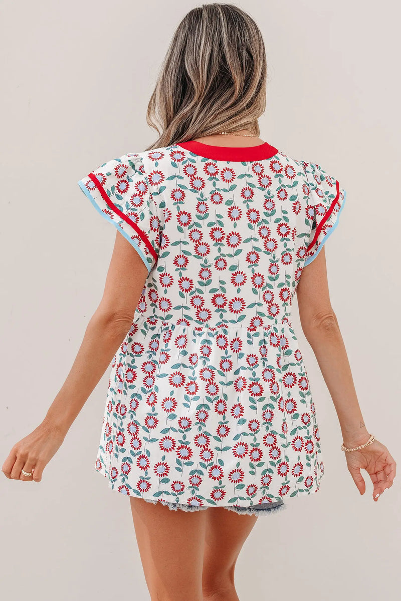 Red sunflower printed contrast trim v neck flutter sleeve blouse
