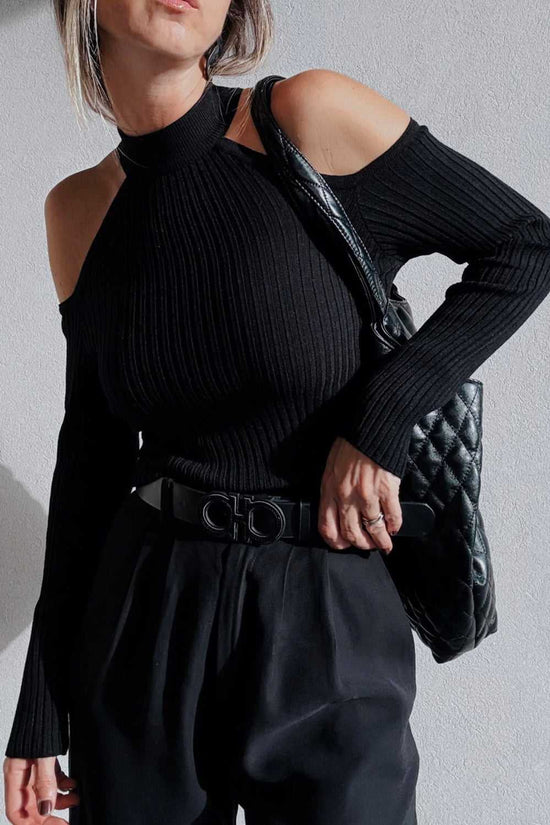 Black Cold Shoulder Choker Neck Sweater