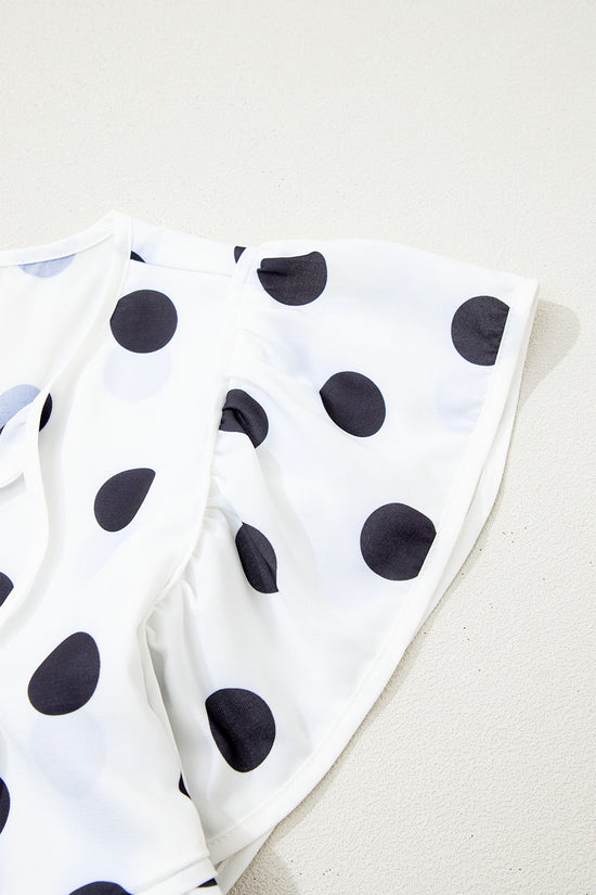 Polka Dot Flutter Sleeve Babydoll Blouse Tie Neck Striped Hem White