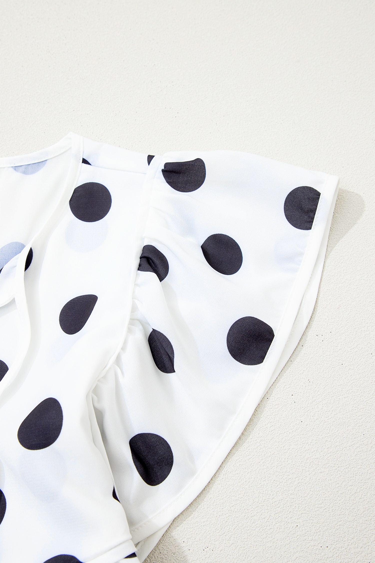 Polka Dot Flutter Sleeve Babydoll Blouse Tie Neck Striped Hem White