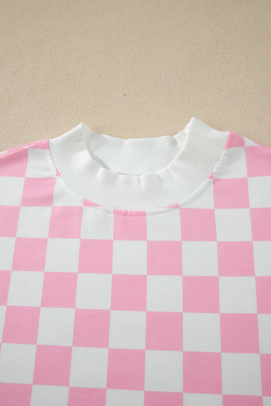 Checkered colour block trim mock neck short set outfit sets