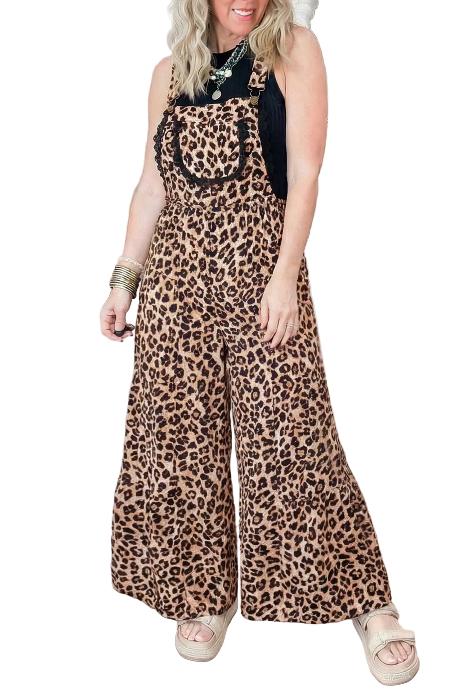 Leopard Lace Trim Wide Leg Playsuit styled with a black top, featuring wide legs and front pocket, ideal for casual summer wear.