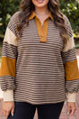 Stripe colorblock collar V neck plus size long sleeve top in brown — front view