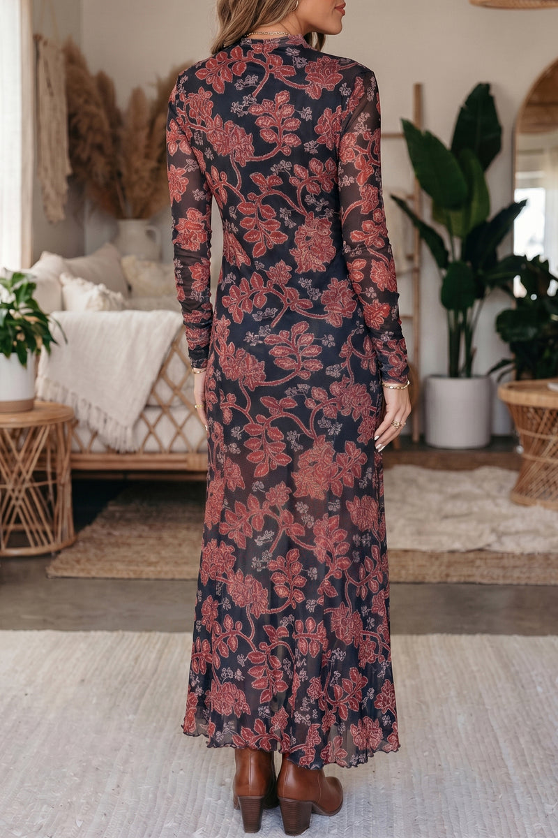 Black retro floral mesh maxi dress — side view showing long sleeves and sheer mesh