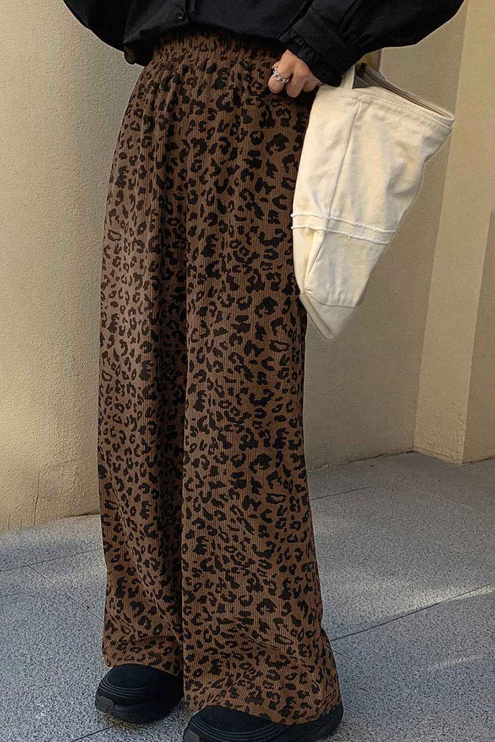 High waist wide leg leopard corduroy trousers in brown, perfect for casual daily wear with soft textured fabric and bold print.