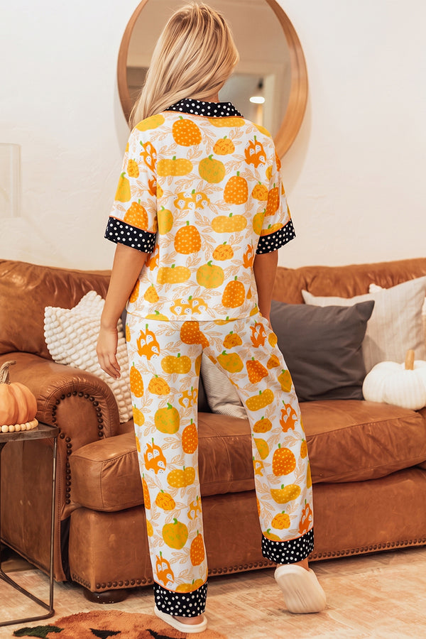 Pumpkin Print Polka Dot Trim Short Sleeve Lounge Set Women UK
