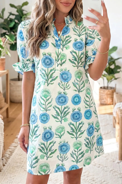 Sky blue floral half button frilly short sleeve dress front view — Fashionfitz UK