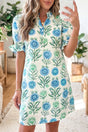 Sky blue floral half button frilly short sleeve dress front view — Fashionfitz UK