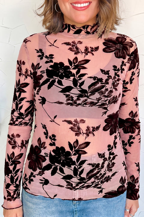 Retro Floral Mesh Long Sleeve Pullover Blouse Women UK