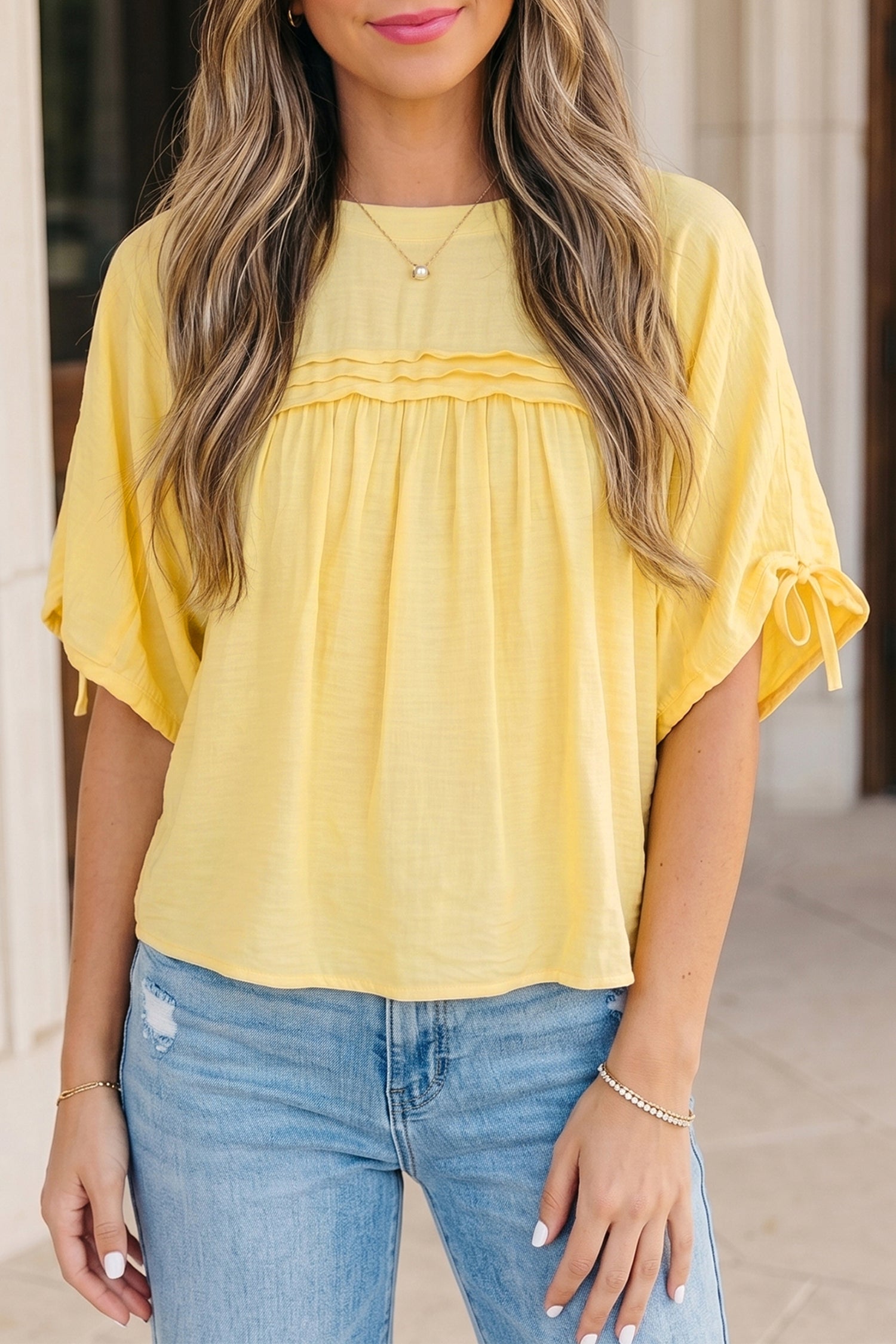 Tie Cuff Half Sleeve Pleated Babydoll Blouse