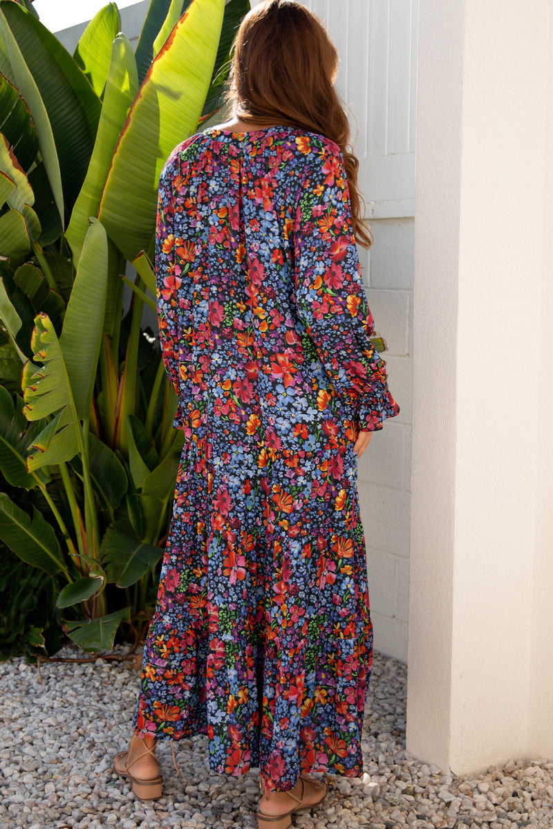 Blue Floral Tassel Tie V Neck Long Sleeve Maxi Dress Women UK — back view