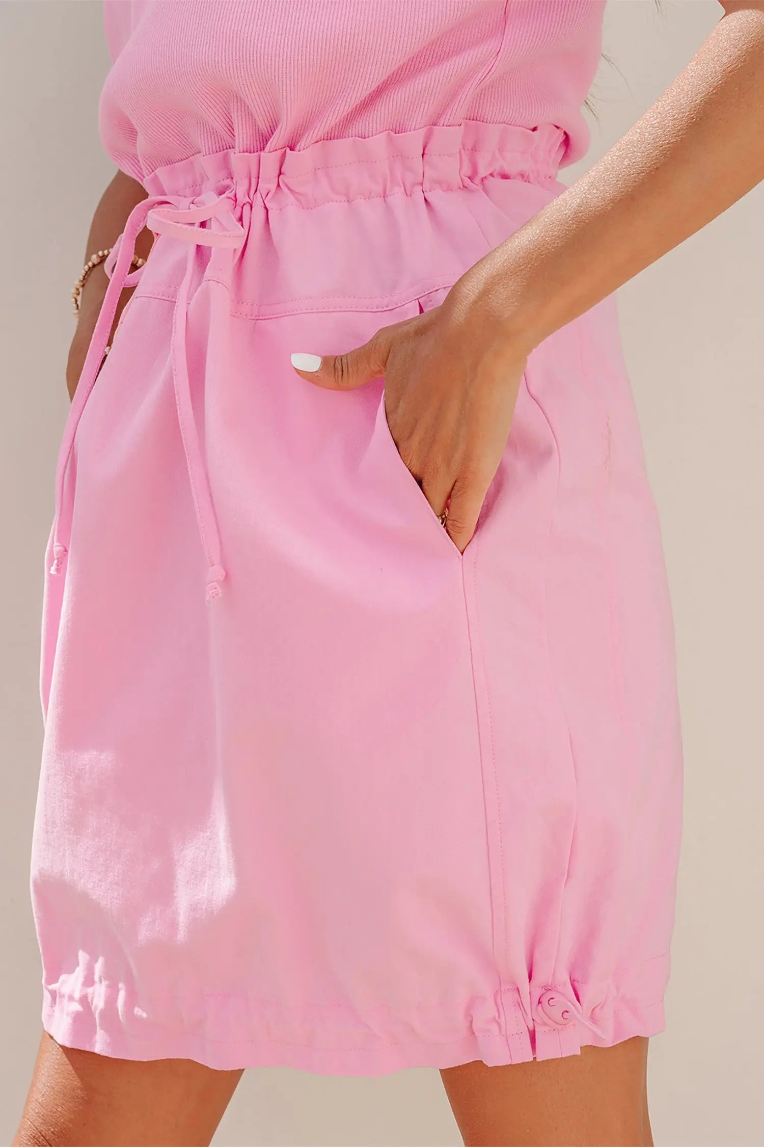 Bonbon cuffed short sleeve mix fabric patchwork drawstring mini dress with pockets dresses