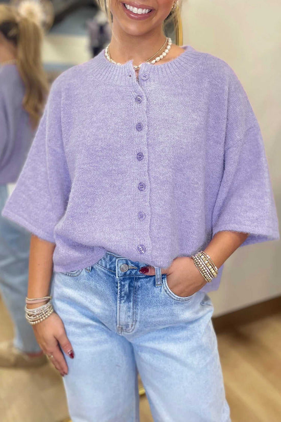 Fuzzy knit cardigan women in pastel lavender with button-down front and soft texture, perfect for casual layering.