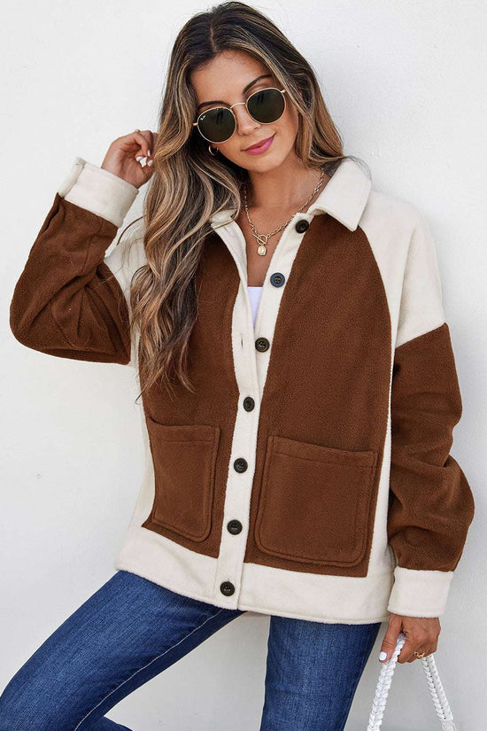 Ladies Brown Panels Fleece Shacket Winter Casual from FashionFitz, featuring color block design with front pockets and button-up closure.