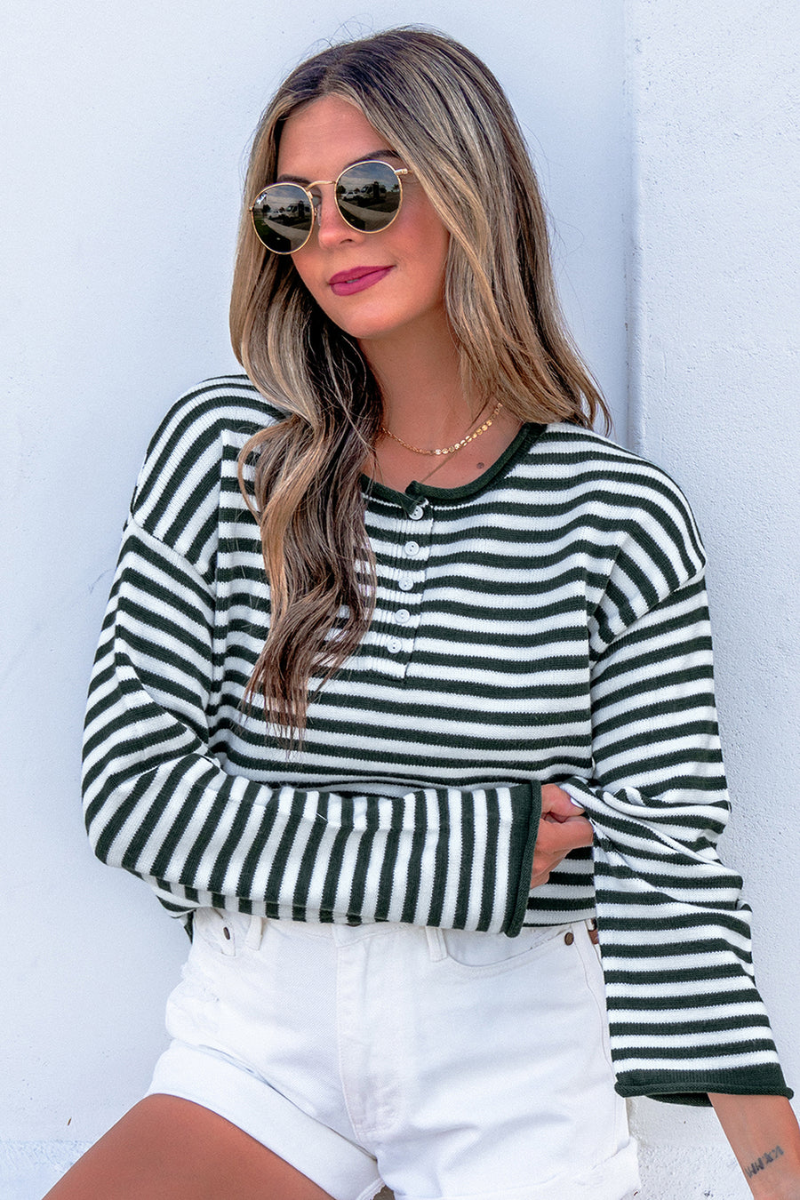 Stripe Drop Shoulder Button Placket Sweater