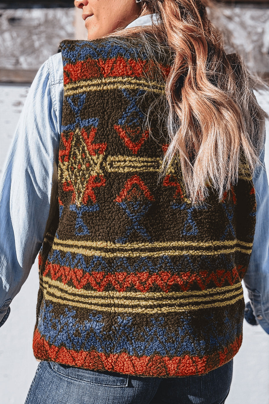 Multicolour Western Print Faux Fur Metal Zipper Insert Pockets Sleeveless Vest