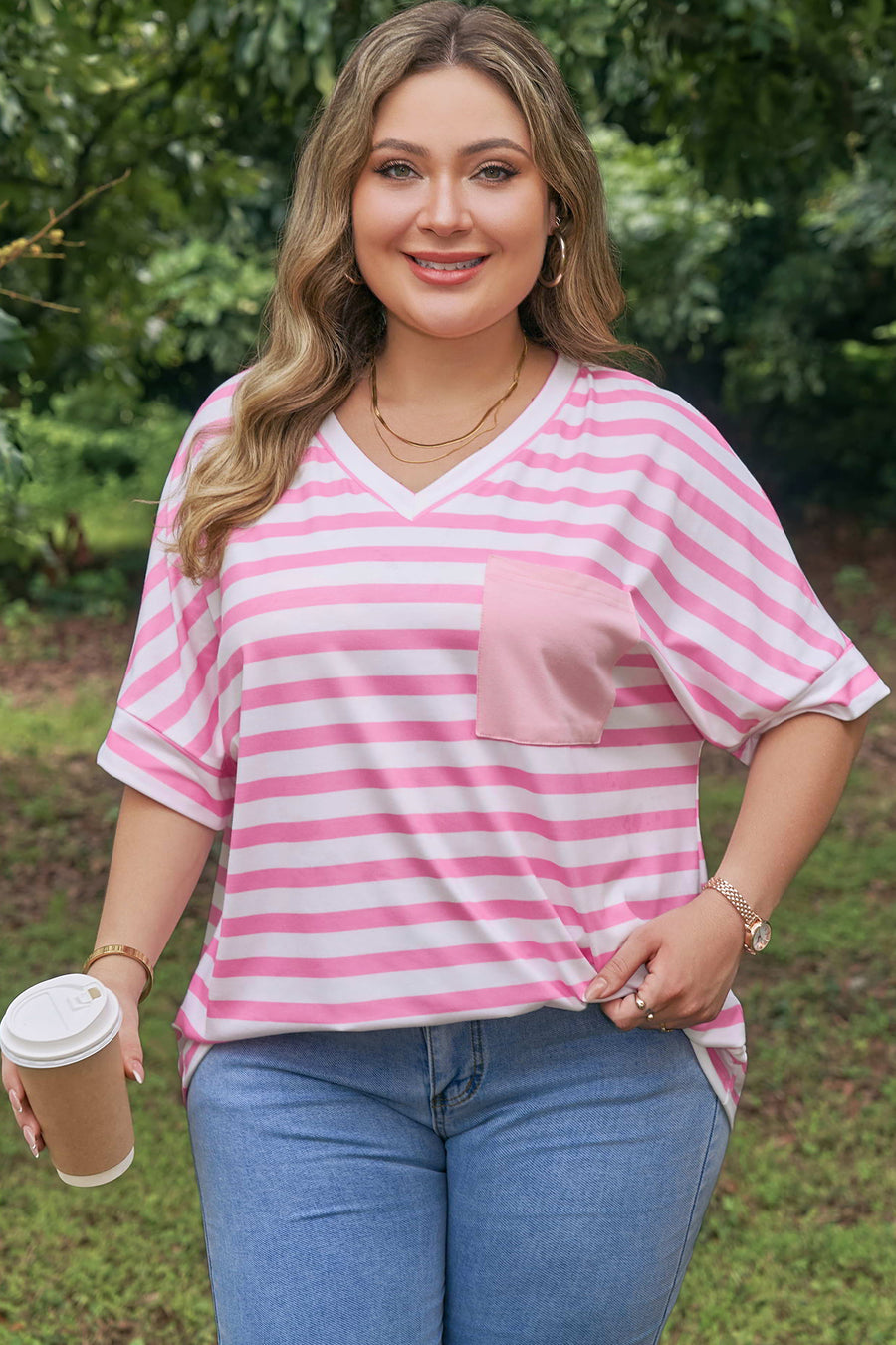 Plus Size Stripe Colourblock V-Neck Tee Patched Chest Pocket Short Sleeve — front view third colourway | Fashionfitz UK