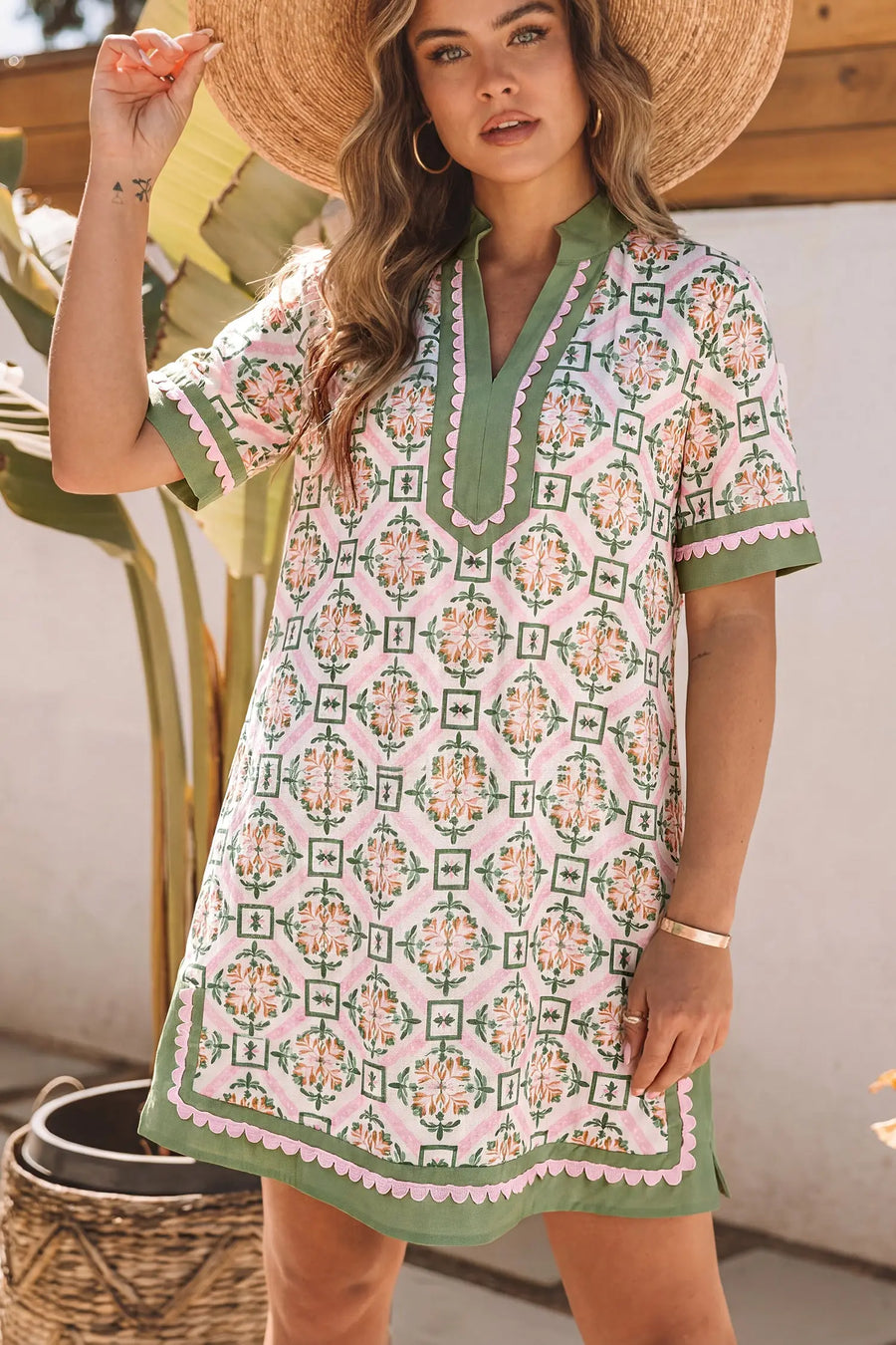 Multicolour Boho Geometric Floral Short Sleeve Mini Dress Women UK