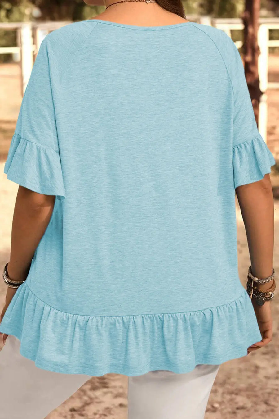 Ruffled short sleeve plus size casual blouse back view — Fashionfitz UK