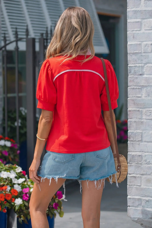 Fiery red striped frilled collar short sleeve blouse