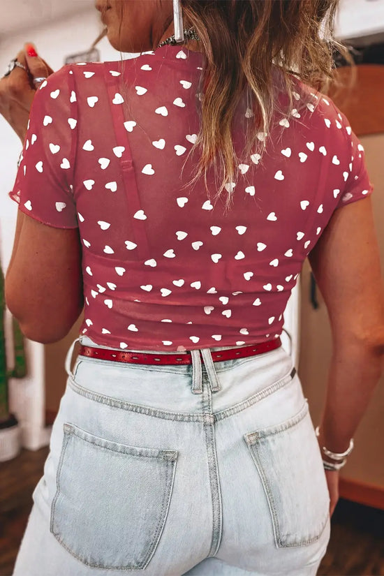 Women’s heart print mesh crop top | fashionfitz