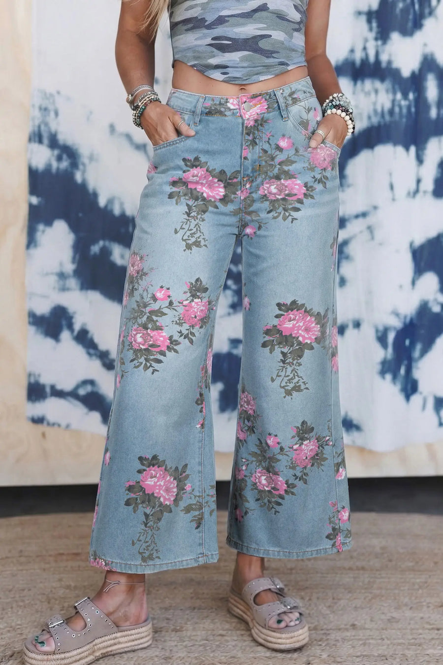 Garden Floral Print Low Rise Bootcut Denim Jeans — back view | Fashionfitz UK